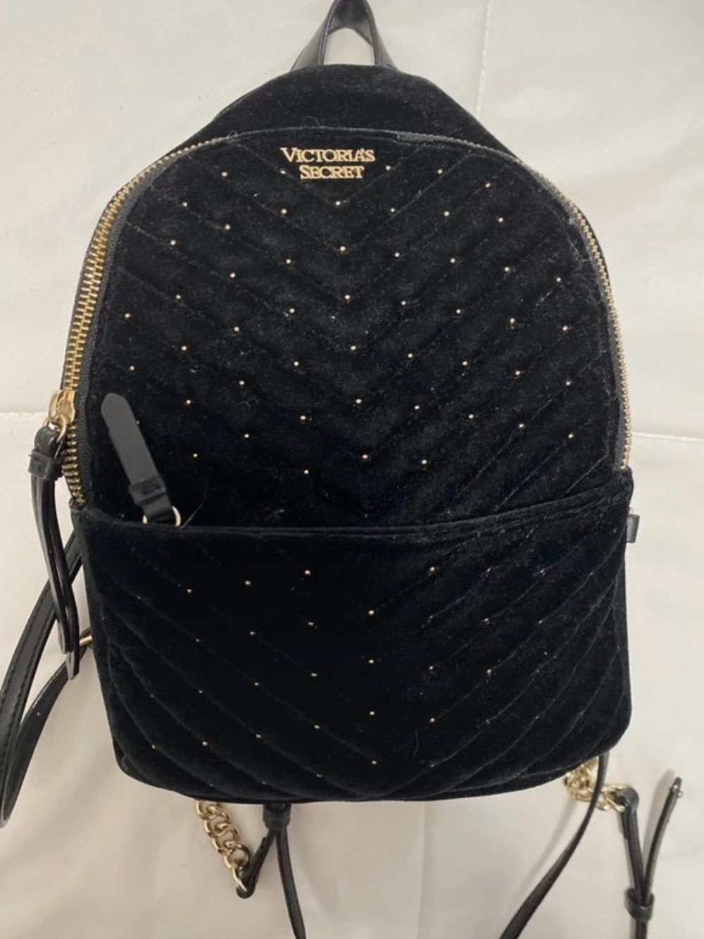 Victoria's Secret Black Quilted Velvet Mini Backpack with Gold Studs